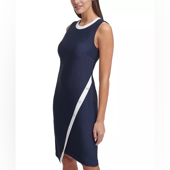 NEW! Tommy Hilfiger Navy Blue Asymmetrical Contrast-Trim Sleeveless Sheath Dress - Picture 3 of 17